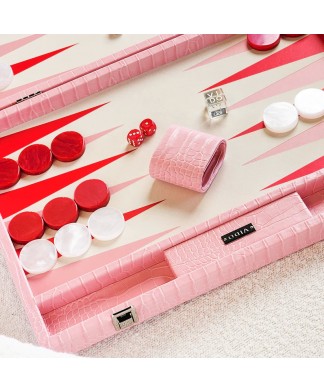 Backgammon Alligator Rose Flamingo en Cuir Végane